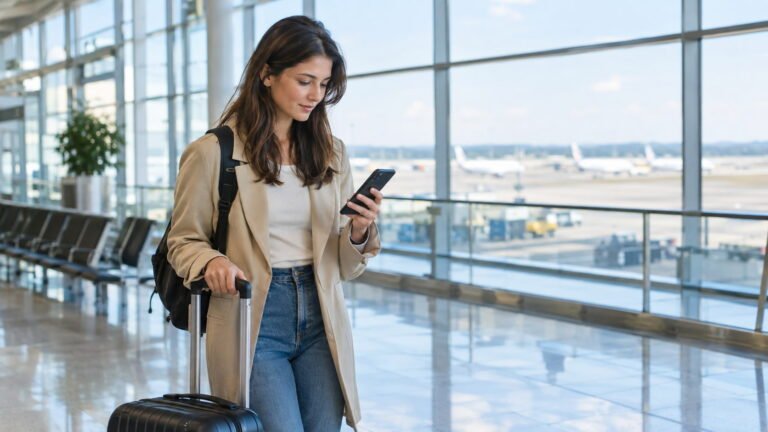 Traveler checking a flight itinerary on a phone at an airport