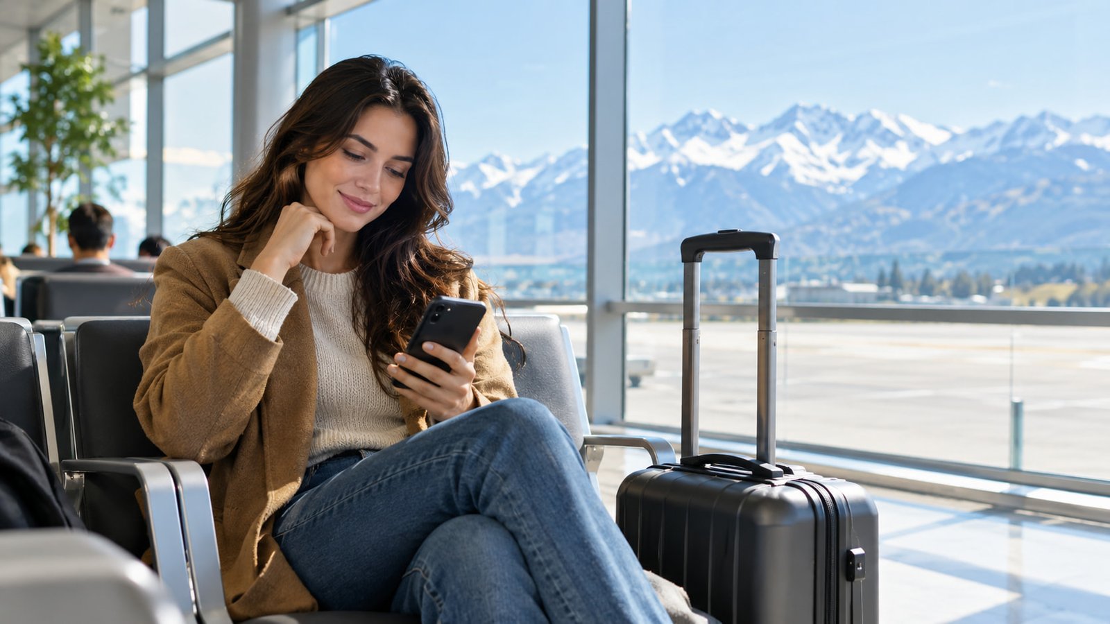 Traveler planning a trip on a phone at an airport gate