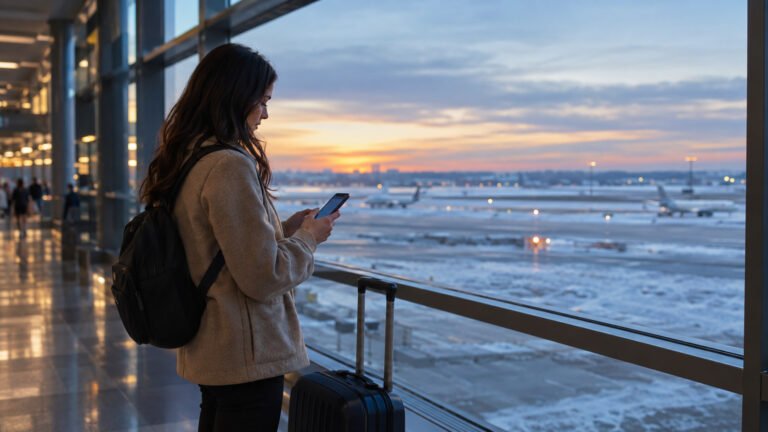 Traveler checking a flight itinerary on a phone at an airport window