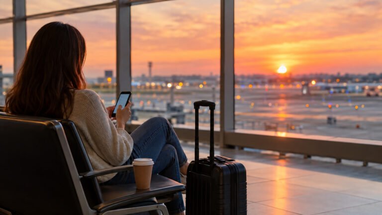 Traveler checking a phone at an airport gate at sunset