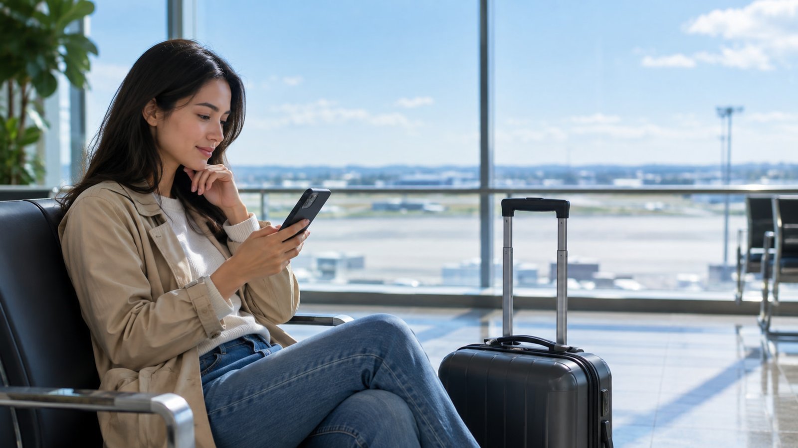 Traveler planning a trip on a phone at an airport gate