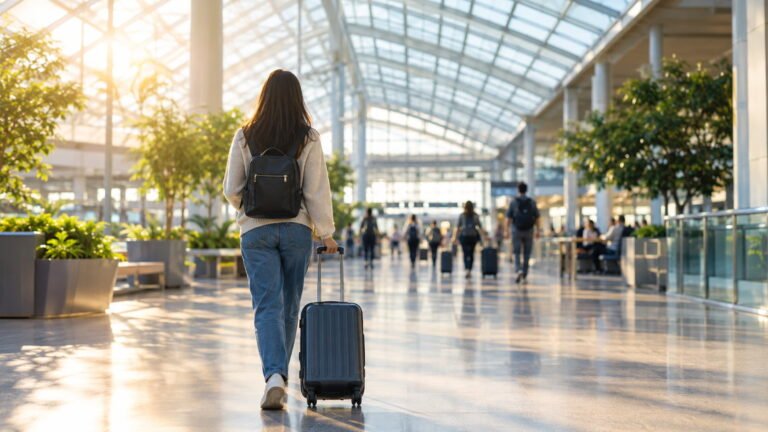Traveler walking through a bright airport terminal with a carry-on