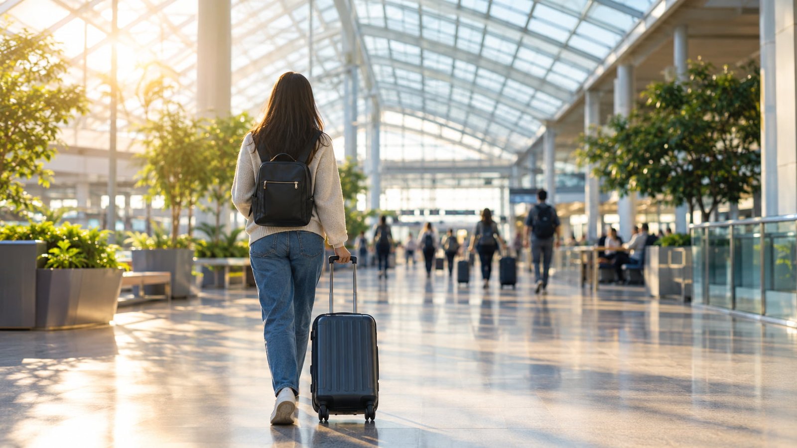 Traveler walking through a bright airport terminal with a carry-on