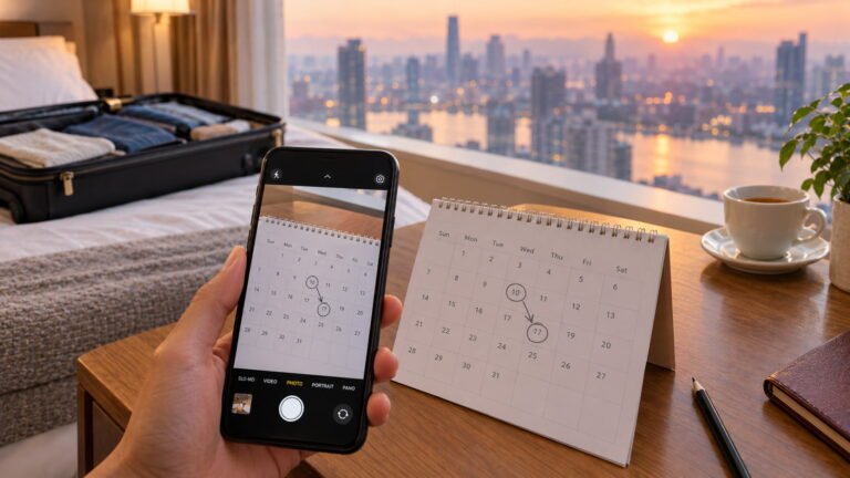 Hand holding a phone with a calendar beside an open suitcase