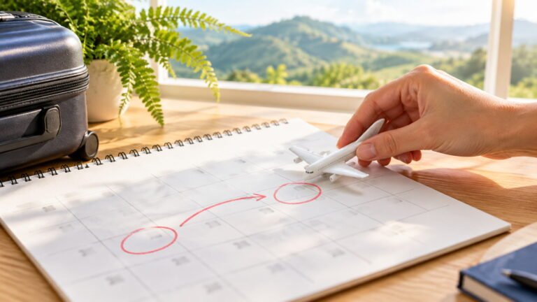 Hand moving a toy airplane between dates on a paper calendar