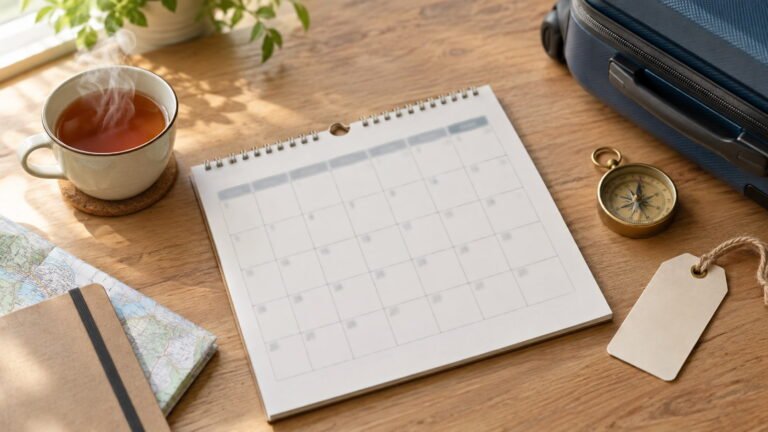 Travel planning flat-lay with a calendar, compass and luggage tag