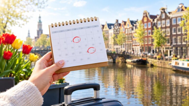 Hand holding a paper calendar with circled dates beside a canal