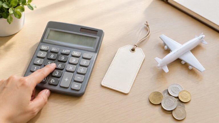 Hand using a calculator beside a toy airplane and luggage tag