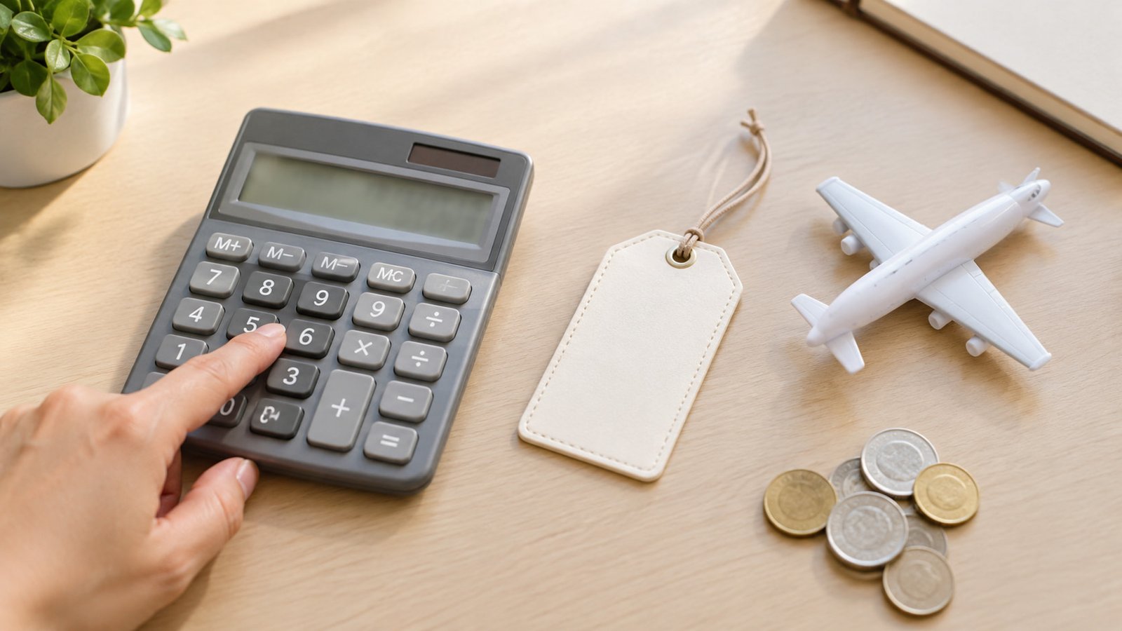 Hand using a calculator beside a toy airplane and luggage tag