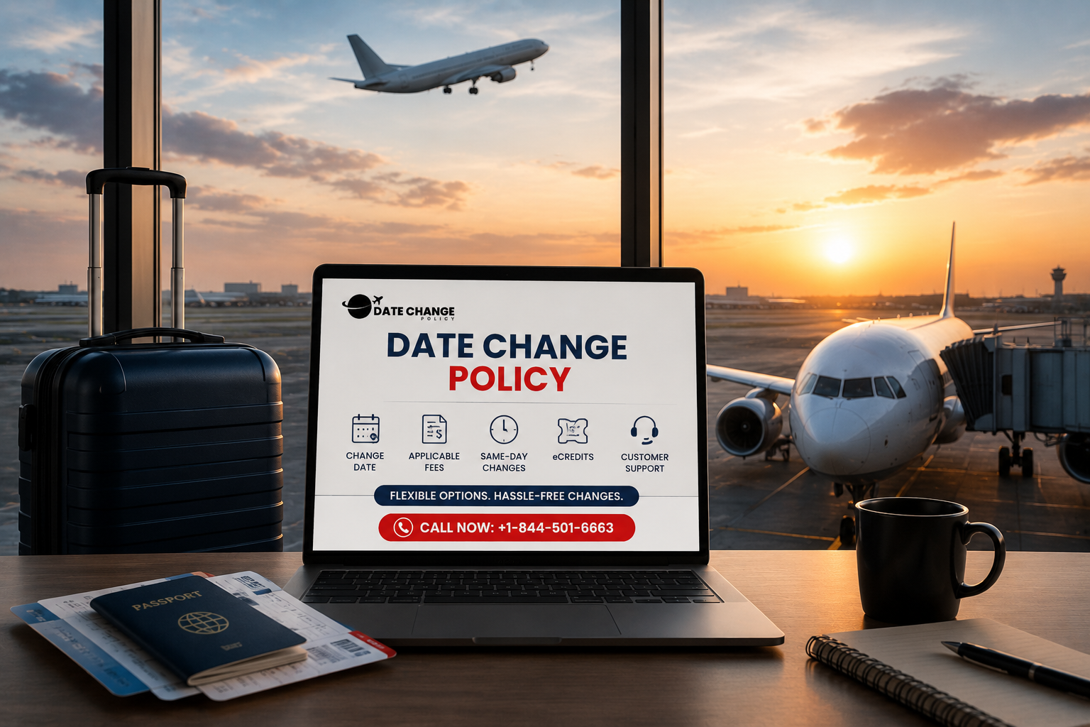 Emirates date change policy concept image showing airport terminal, luggage, boarding pass, and flight rescheduling process for airline passengers.