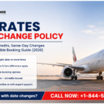 Emirates Date Change Policy 2026 infographic featuring an airplane, flight change rules, change fees, same-day changes, eCredits, and 24-hour flexible booking policy details.
