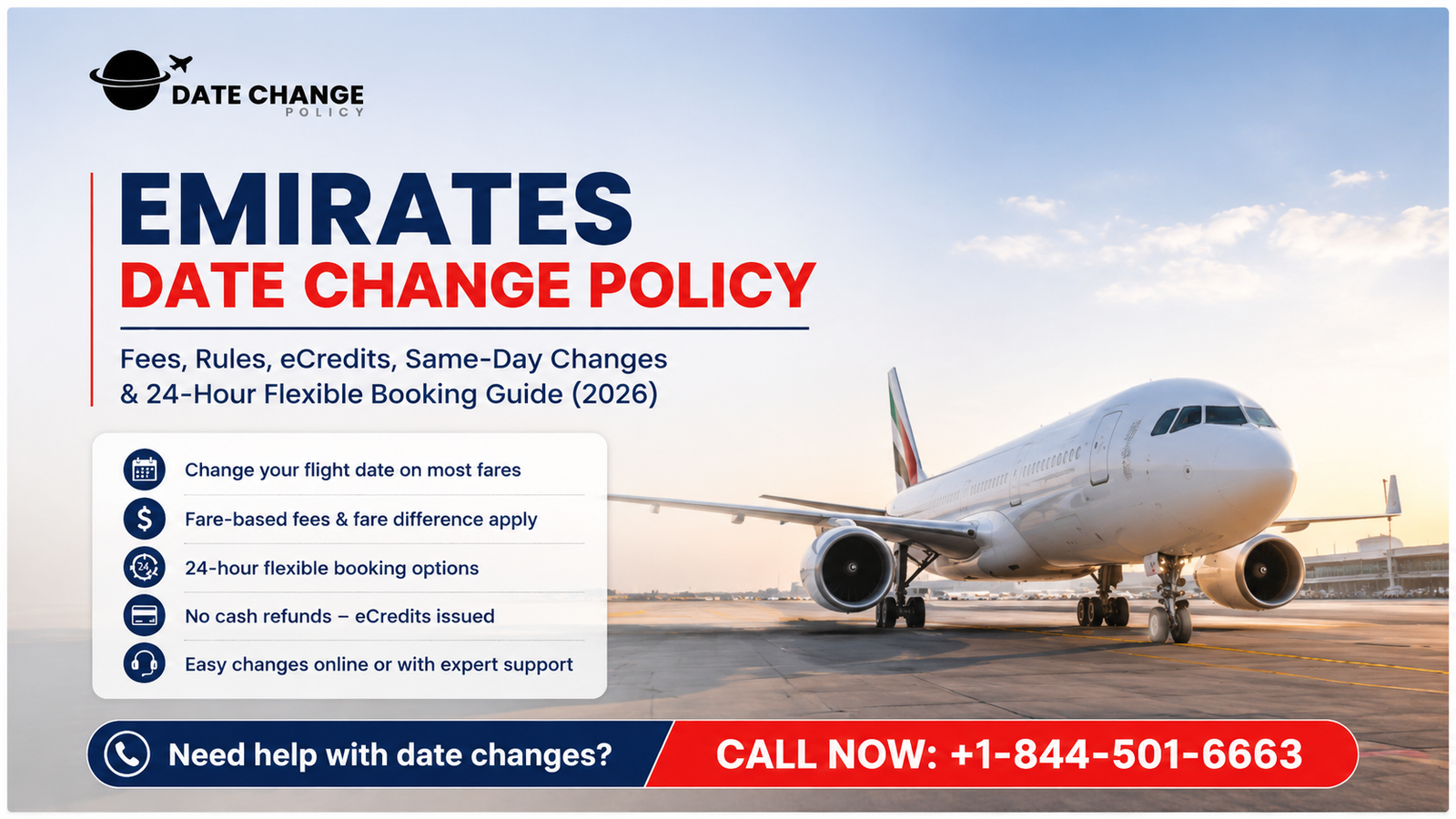 Emirates Date Change Policy 2026 infographic featuring an airplane, flight change rules, change fees, same-day changes, eCredits, and 24-hour flexible booking policy details.