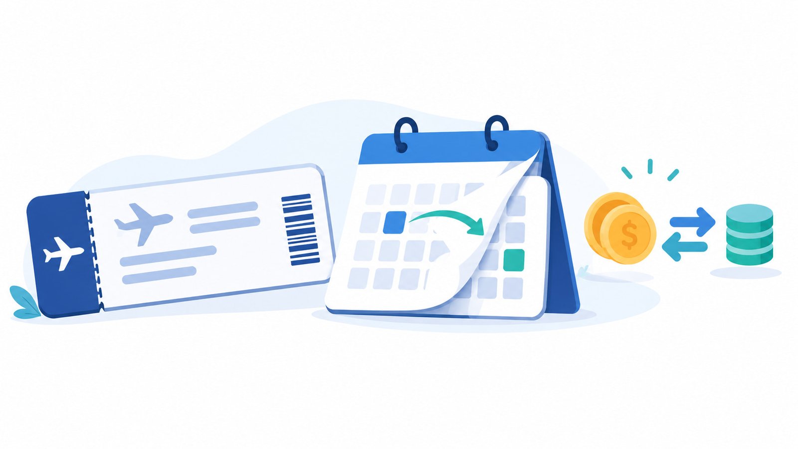Flight date change fee illustration with ticket and calendar